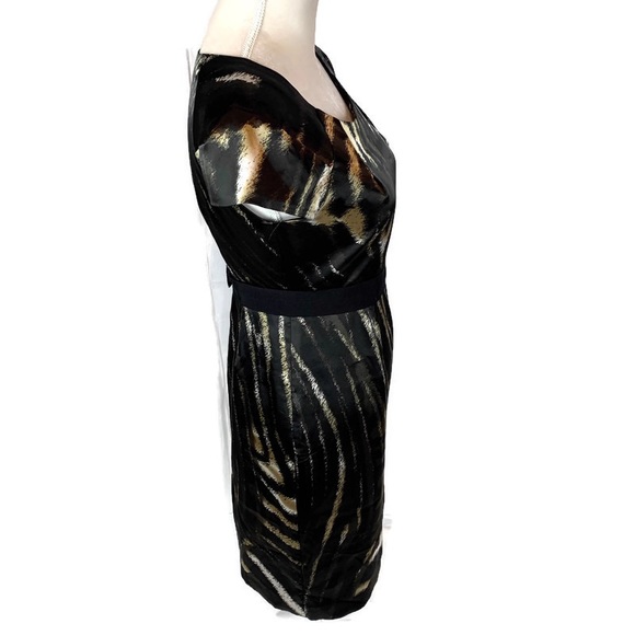 Tahari Black Print Satin Stretch Classy Dress - Picture 5 of 8